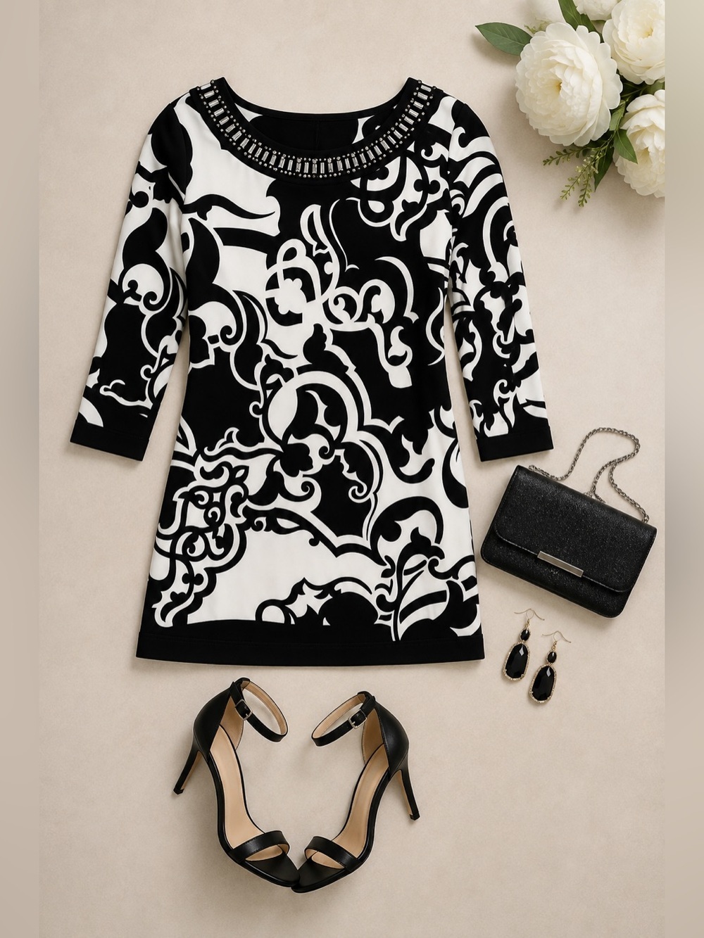 WHBM Black White Jeweled Neck Tunic Shift Dress Top